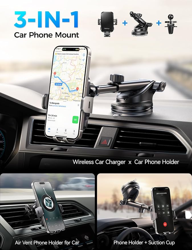 Wireless Car Charger with Phone Holder Mount 15W Fast Charging Auto Clamping Phone Holders for You Car Windshield Dashboard Air Vent Accessories for iPhone Samsung Galaxy Google etc