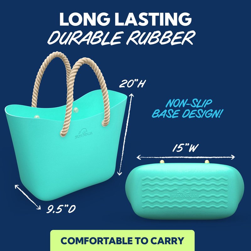SUN NINJA Rubber Beach Bag - Extra Large Waterproof EVA Tote Bag with Comfortable Rope Handles for Beach, Boat, Pool, Outdoors & Travel - Washable, Sandproof & Anti-Skid Bottom Grip - Turquoise
