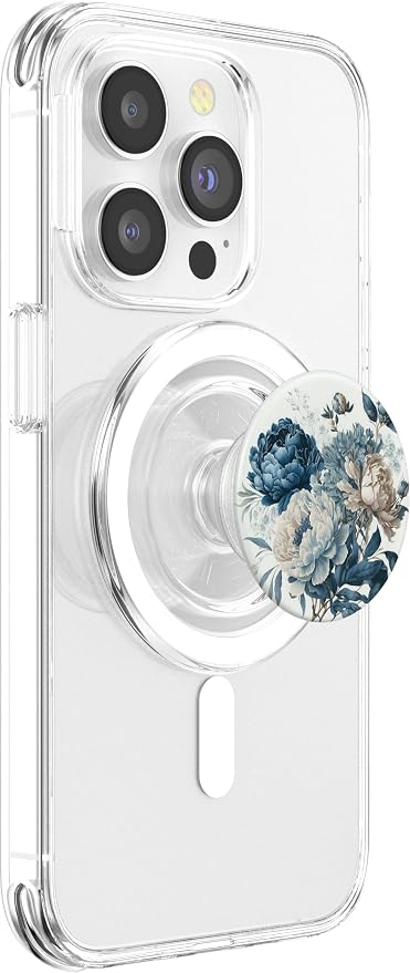 Navy Blue Peonies Blossom Leaves White Flowers Floral Girly PopSockets Adhesive PopGrip