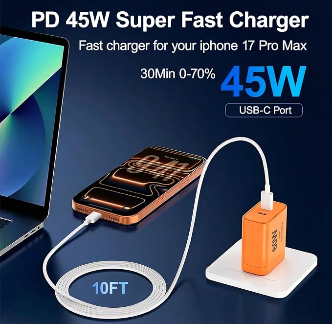 iPhone 17 Charger45W Fast Charging Dual Port USB C Charger Block with 3/6/10/10FT Type C Charging Cable-PD Quick Adapter 3.0 for iPhone 17e/17/17 Pro/17 Pro Max/Air/16/15 Pro Max/PlusiPad (Black)