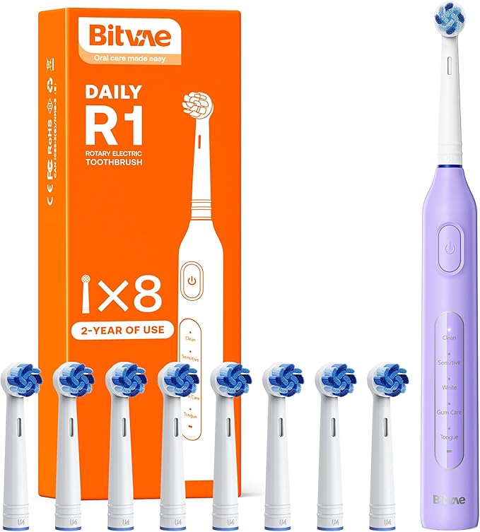 Bitvae R1 Rotating Electric Toothbrush with 8 Brush Heads for Adults and Kids, 60-Day Battery Life, 5 Modes Rechargeable Power Toothbrush with 2-Minute Smart Timer, Purple