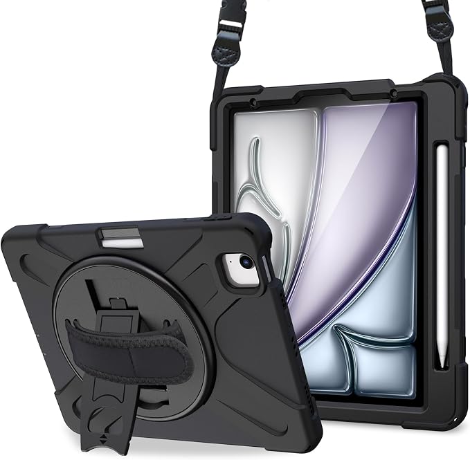 ProCase Rugged Case for iPad Air 11 inch (M2) 2024/ Air 5th / 4th Gen 10.9 Heavy Duty Shockproof Cover with Hand Strap 360 Degree Rotatable Kickstand -Black