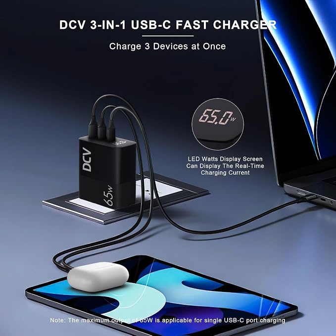 DCV 65W USB C Charger GaN 3-Port Fast Charging Block with LED Digital Display PD/PPS/QC 3.0 Foldable Wall Charger for Laptops MacBook iPhone 17/16 iPad Pro Galaxy S23/S22 Note 20 without Cable