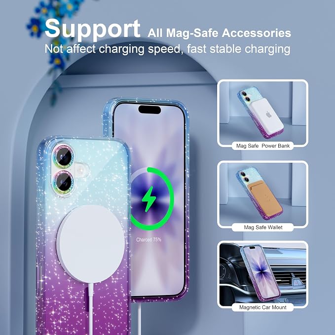 Choiche for iPhone 15 Pro Max Case Compatible with MagSafe Glitter Black | Women Girly Cute Glitter Sparkly Magnetic Phone Case with Diamond Camera Lens Protectors Military-Grade Drop Protection 6.7