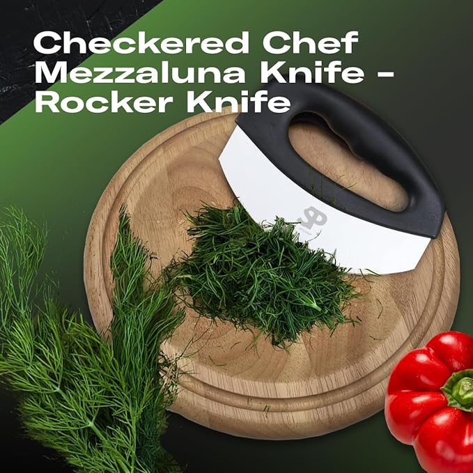 STUNGP Stainless Steel Mezzaluna Salad Chopper Knife – Double Blade Herb Mincer with Protective Cover and Ergonomic Handles for Chopping Herbs, Vegetables, and Salad