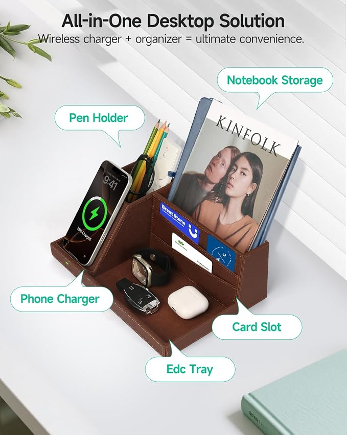 Fast Wireless Charging Station with Desk Organizer for iPhone 17/16/15/15 Pro/14/14 Pro Max/14 Pro/14 Plus/13/13 Pro Max/13 Pro/and iPhone 12/11 Series Nightstand Desktop Organizer for Home Office