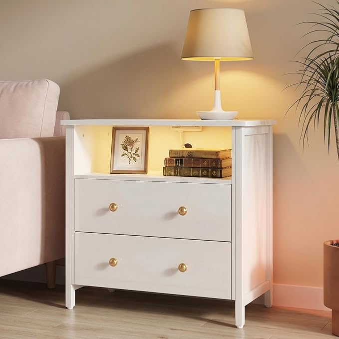 Tykacna 27 Inch Wide Night Stand, Large Wood Night Stand with 2 Drawers, LED Nightstand with Charging Station and Adjustable Drawer, Bedside Table for Living Room/Bedroom/Study/Office, White.