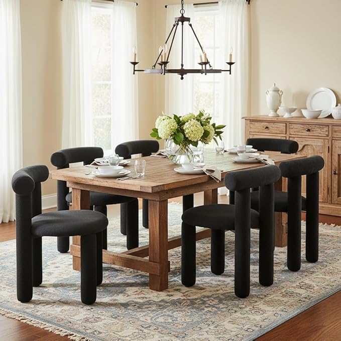 DUOMAY Modern Black Boucle Dining Chairs Set of 8, Sherpa Upholstered Kitchen Chairs Armless Barrel Back Dining Chair, Living Dining Room Chairs, Reception, White