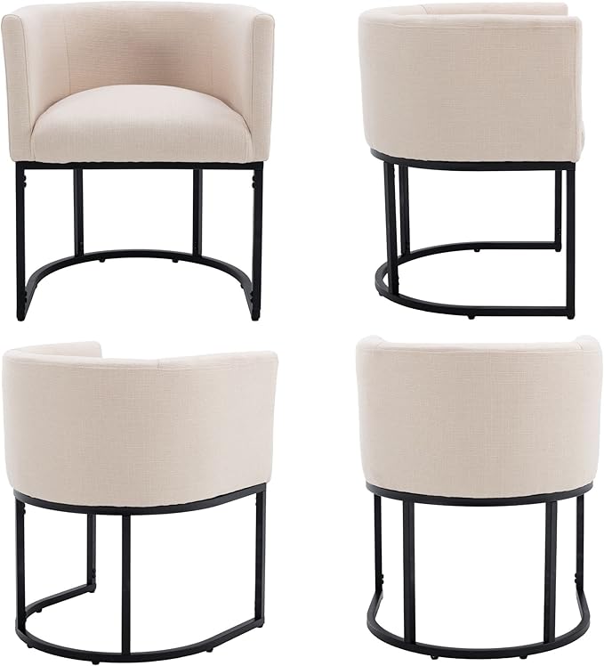 Linen Fabric Dining Chairs Set of 4 Modern Barrel Arm Chairs with Black Frame Upholstered Kitchen Chairs 18.5" Wide Accent Chairs for Living Room Dining Room Restaurant, Cream