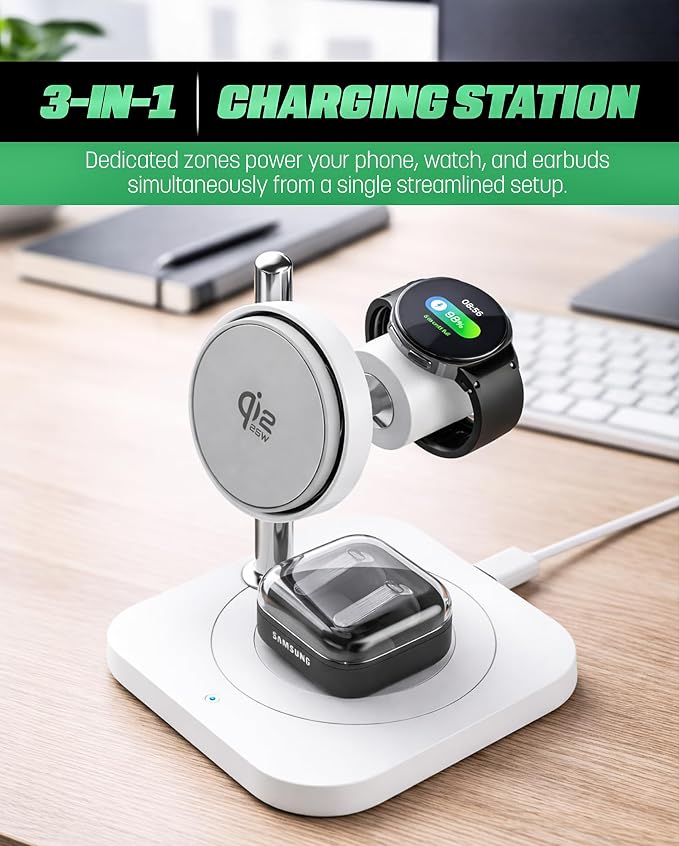 Galvanox Qi2.2 25W Magnetic Wireless Charging Stand for iPhone - 3 in 1 Charger Station (for iPhone Apple Watch and AirPods) with Super Fast (45W) Wall Adapter (Compatible with MagSafe)