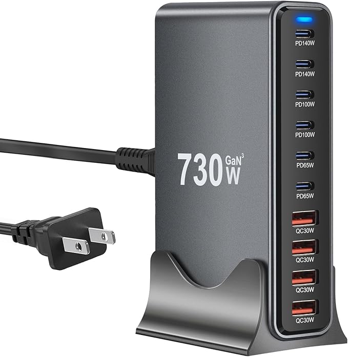 730W USB C Charger Block, 10 Port Fast USB Charging Station for Multi Devices, GaN Ⅲ Charging Block Double 140W/100W/65W PD PPS Port Laptop Charger Compatible with MacBook Pro/Air/iPhone 16/15/Samsung