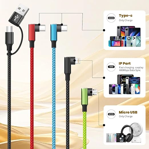 4 in 1 Multi Charging Cable 2 Pack 6FT Charging Cords for Devices | Nylon Braided USB C Car Charger Cable with Dual USB-C IP &amp Micro Ports Long Travel Charging Cord for Cars
