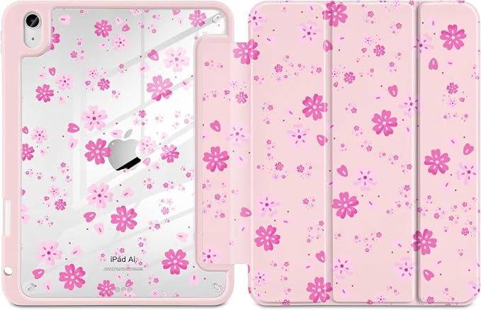 MecBevia Case for iPad Air 11-inch M4 2026 / M3 2025 / M2 2024 | Built-in Pencil Holder Shockproof Clear Hard Back Trifold Stand Auto Wake/Sleep Blue Bow