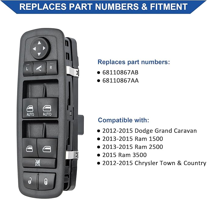 Obaee Driver Side Power Window Switch Compatible with 2012-2015 Dodge Grand Caravan, 2013-2015 Ram 1500 2500, 2015 Ram 3500, 2012-2015 Town & Country, Replaces 68110867AB, 68110867AA, 3+9 Pins