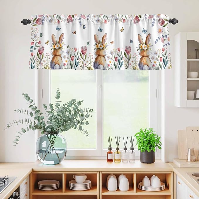 Kitchen Curtains Tiers and Valance Set of 3, Easter Light Filtering Window