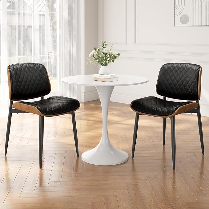 Dining Chairs Set of 4, Mid-Century Modern Upholstered PU Leather Chairs with Walnut Back and Metal Legs Adjustable Feet for Kitchen Dining Room, Black Diamond Plaid