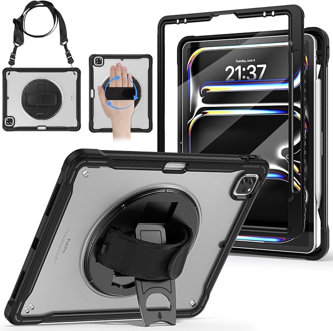BRAECNstock Full-Body Case for iPad Air 13/Pro 12.9(3-6th)Khaki | Drop-Proof Case with Pencil Holder &amp Screen Protector | 360° Stand for Hands-Free Travel Strap | DIY-Friendly Frosted Back