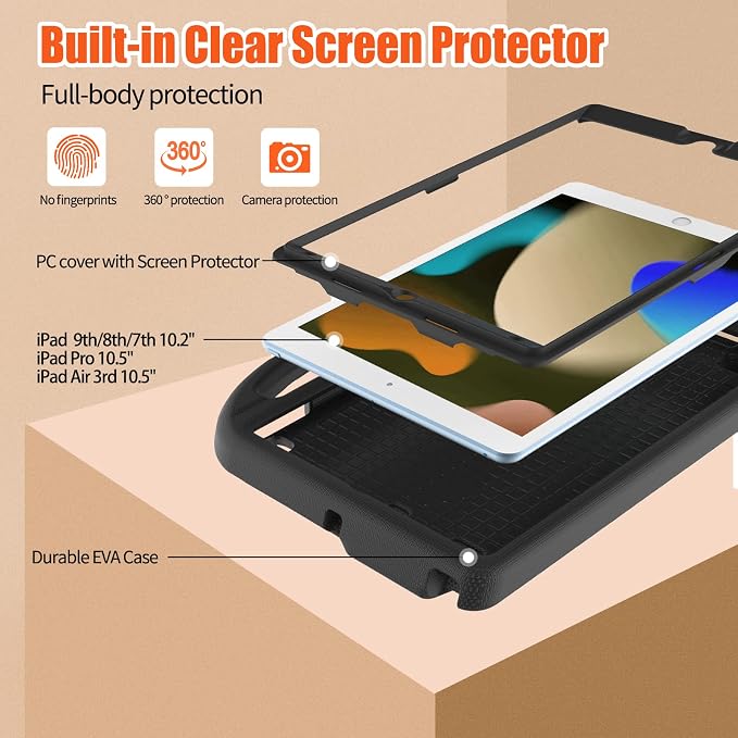 Kids Case for iPad 10.2 &amp 10.5 iPad 9th/8th/7th Generation 10.2 2021 2020 2019 Case with Screen Protector iPad Air 3rd Gen/Pro 10.5 inch Protective Cover with Handle Stand Black