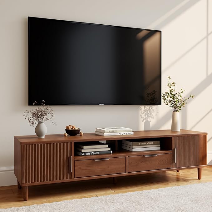 TIMBERKNOWS Mid-Century Modern TV Stand Fits TVs up to 60,Fluted TV Consoles Storage Doors and Cable Management,Entertainment Center tv Stands, for Living Room, Bedroom, Dining Room-Walunt