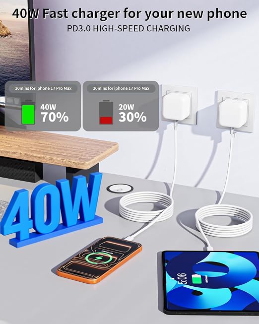 [Apple MFi Certified]2-Pack 40W USB C Charger BlockDynamic Power Foldable Plug Fast Charging AdapterMax 60W Output Compatible with Apple iPhone 17 Pro/17 Air/16 Pro Max/16 Pro/16e/16/15 Pro/15 Plus