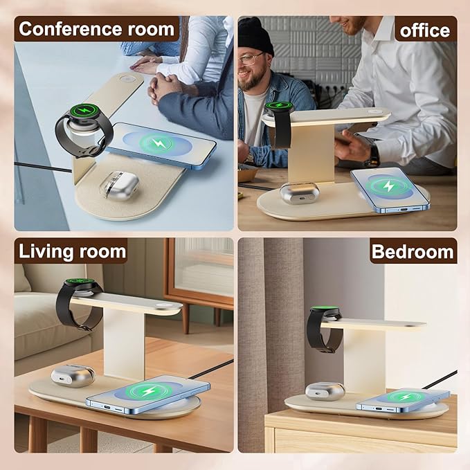 Aluminum 4-in-1 Charging Station for Samsung/Android with 3-Level Night Light, 18W Wireless Charger for Galaxy S25 Ultra/S24/S23/S22/Note 20,Galaxy Watch Ultra/8/7,Galaxy Buds 3 Pro(Starlight)