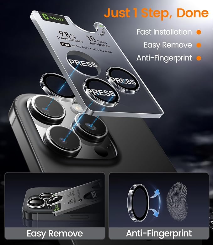 iGluz 2 Pack Anti-Reflection Camera Lens Protector for iPhone 17/16/16 Plus [98% Transmittance][1-Step Installation][Strong Adsorption] 9H Shatterproof Tempered Glass-Black