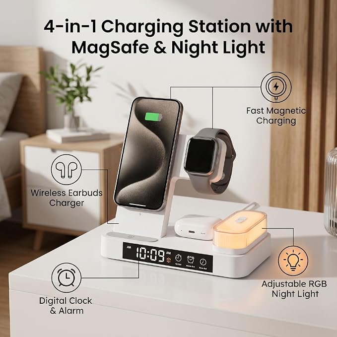 EBTOOLS 4 in 1 Magnetic Charging Station Wireless Charger Stand with LED Display Digital Clock Alarm RGB Night Light for Smartphones Watch Earbuds (Black)
