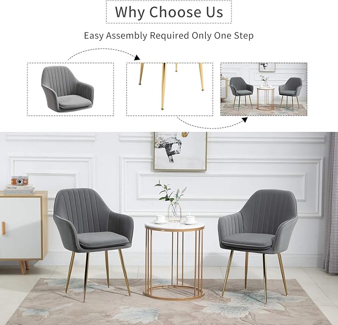 ECOTOUGE Modern Dining Chairs Set of 4, Upholstered Dining Room Chairs with Golden Metal Legs, Matte Velvet Kitchen Chairs for Dining Table, Accent Chairs for Living Room, Grey