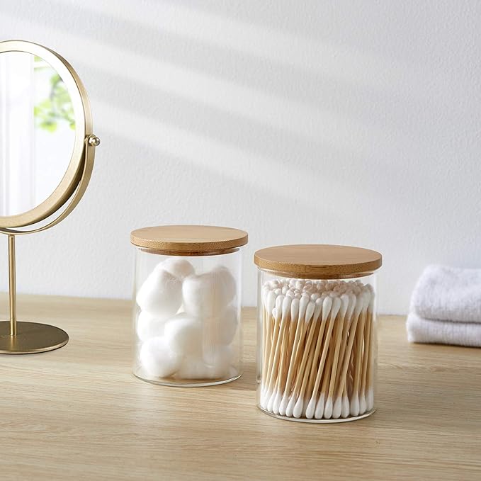 4 Pack Glass Qtip Holder Dispenser Glass Apothecary Jars with Lids Cotton Ball Swab Pad Holder Bathroom Essential Canisters Accessories Jars for Bathroom Organization Vanity Organizers