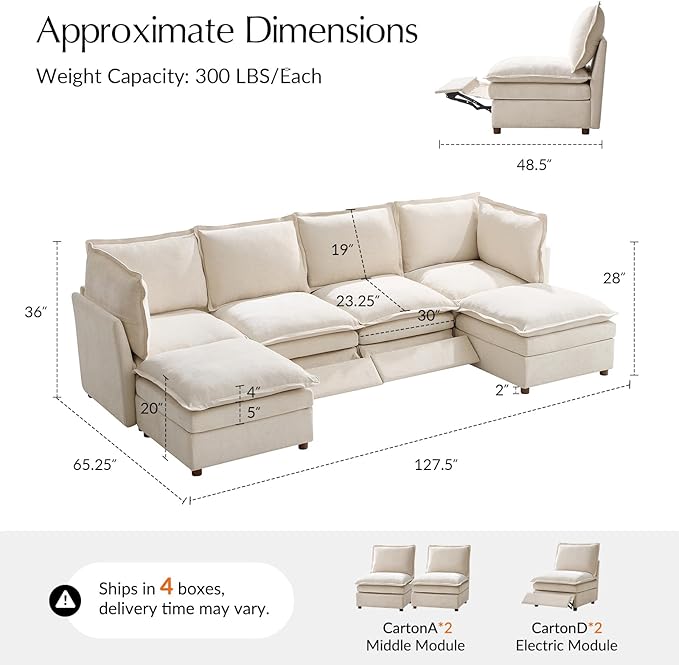 HULALA HOME 128'' Power Recliner Sofa with Dual-Layered Cushions, Oversized Modular Sectional Sofa U Shaped Couch with Storage Ottoman, 6 Seater Cloud Couch for Living Room, Beige
