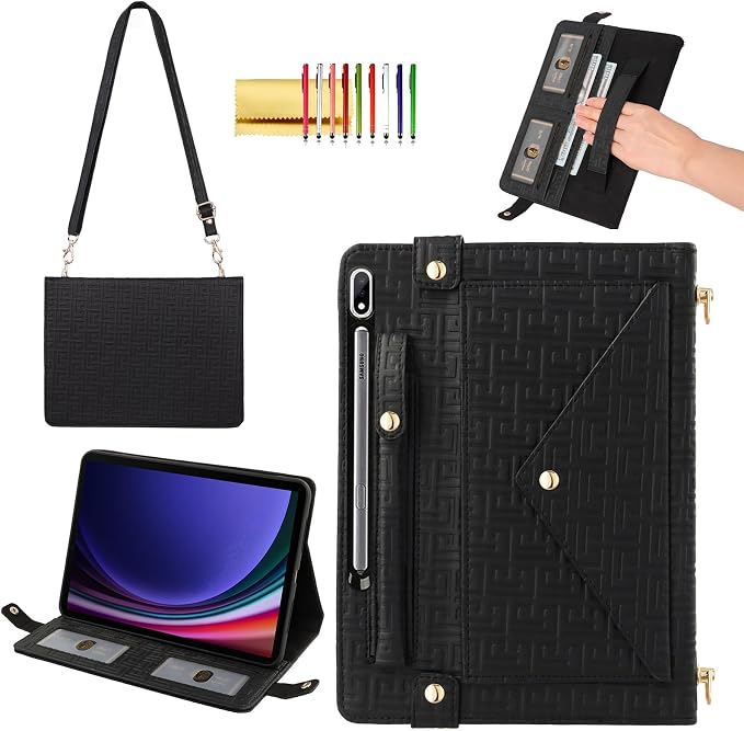 Handbag Case for Samsung Galaxy Tab S10 FE/S9 FE 10.9/S9/S8/S7 11 Techcircle Folio Stand Crossbody Wallet Protective Cover with S Pen Holder &amp Card Slots Hand Strap &amp Shoulder Strap Black