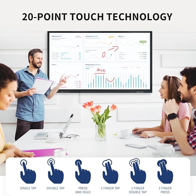 TouchWo 75" Touchscreen Monitor Smart Board, 4K Interactive Presentation Electronic Whiteboard with Android 13, Digital Signage Display for Office, Classroom,RAM 4GB+ ROM 32GB