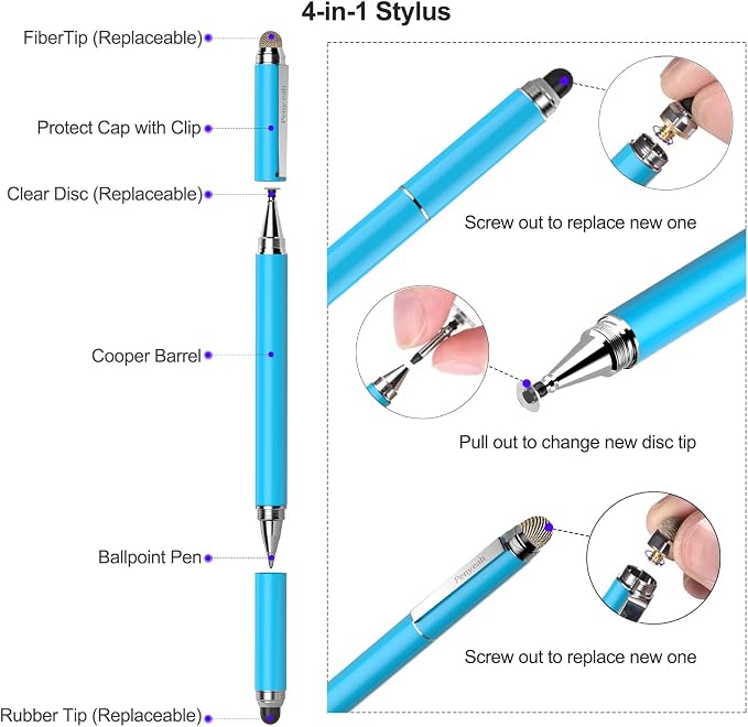Penyeah Stylus 4-in-1 Stylus Pen for Touch Screen High Precision and Sensitivity DiscMesh2 Sized Rubber Tips Universal for iPhone/iPad/Android/Samsung/HP Tablets All Capacitive Touch Screens-Blue