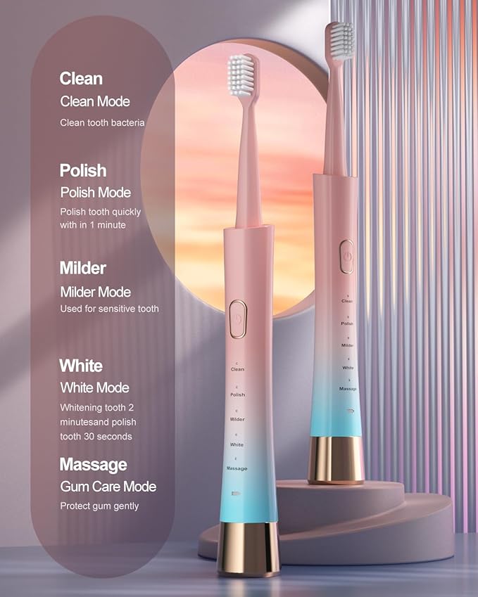 AJELU Pink & Blue Gradient Rechargeable Sonic Electric Toothbrush for Adults, 5 Modes with Smart Timer, 8 Replacement Brush Heads Soft Bristles, High Vibration, Perfect for Home, Travel, Gift