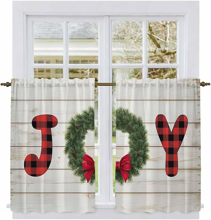 Christmas Wreaths Kitchen Tier Curtains 45 Inch Long 2 Panel Set, Rod Pocket