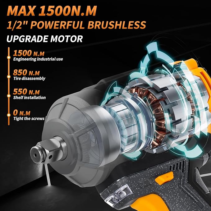 1500Nm Impact Wrench, 1/2" 1107ft-lbs Cordless Impact Gun with 2 x 4.0Ah Battery, 21V High Torque Power Impact Driver with 6 Sockets,Pistola Llave De Impacto for Truck RV Car Heavy Construction