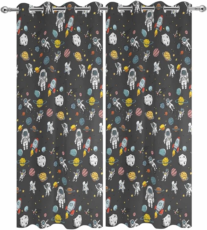 Cartoon Space Outdoor Curtains for Patio Rockets Planets Astronauts Gray