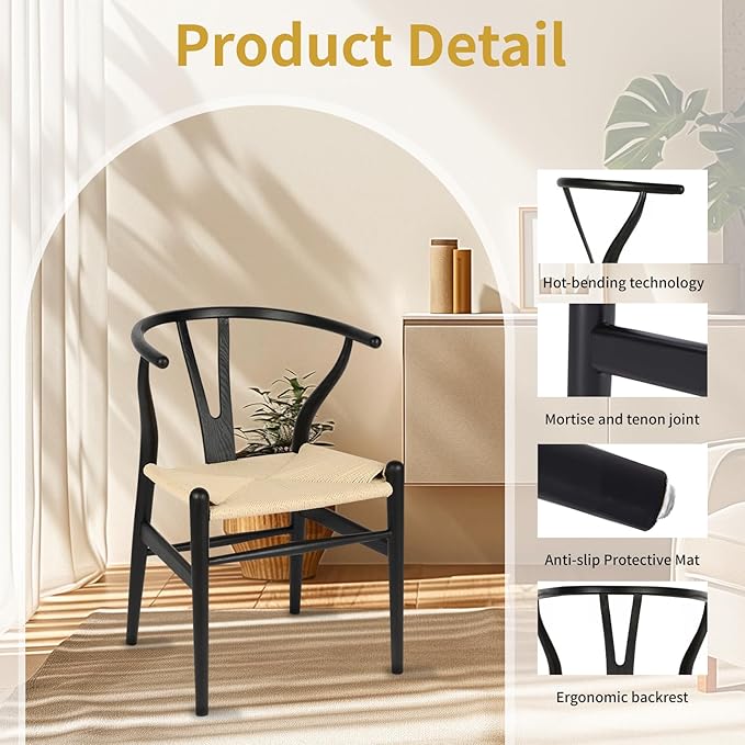 Wishbone Chair Natural Solid Wood Dining Chair/Hans Wegner Y Chair Rattan and Wood Accent Armrest Chairs - Ash Wood Chairs Set of 1 (Ash Wood - Black + Natural Color)