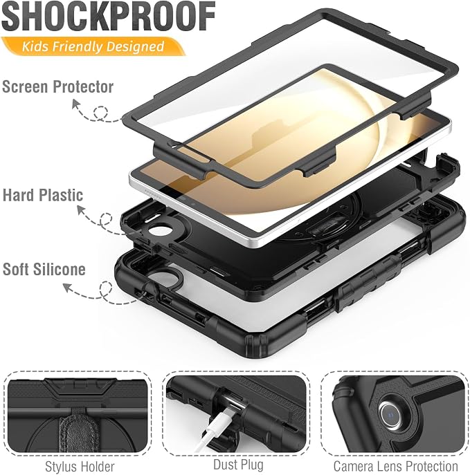 HXCASEAC Case for Samsung Galaxy Tab S6 Lite 10.4 inch Protective with Screen Protector/Hand Strap/S Pen Holder Shockproof S6 Lite Tablet Case 2024/2022/2020 SM-P610 SM-P613 SM-P620 - Black