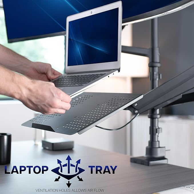 VIVO Pneumatic Arm Ultrawide Monitor Extra Tall Desk Mount for Up to 49 inch Screens and Laptop Tray for Up to 17 inch Notebooks, Holds Ultra-Wides Up to 44 lbs, Black, STAND-V120K-L