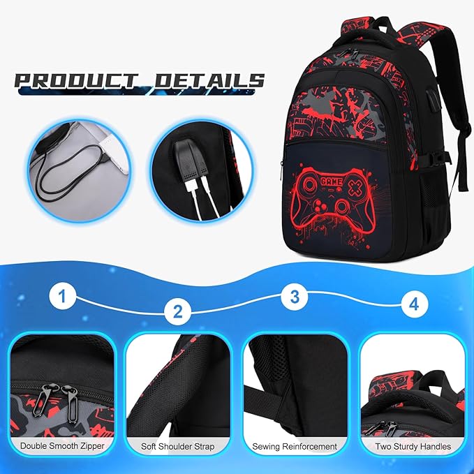 Boys Backpack for School, 3PCS Cool Luminous Gamer Backpack for Boys with Lunch Box Pencil Case, Kids Backpacks Bookbag for Teen Boy Elementary Middle High School with USB Charging Port