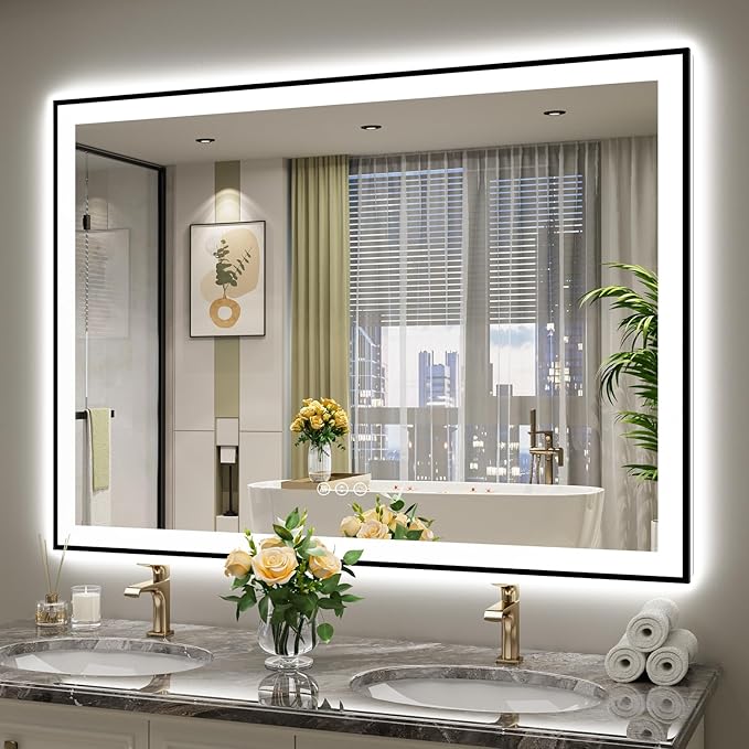 YEELAIT 55x40 Inch LED Bathroom Mirror with Lights (Front Lit and Backlit) Black Framed Lighted Vanity Mirror for Bathroom Wall Dimmable Anti-Fog Memory Tempered Glass Horizontal/Vertical