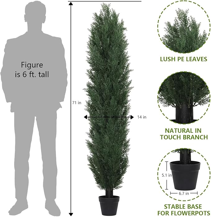 THE BLOOM TIMES 6ft Topiary Trees Artificial Outdoor Set of 2, UV Resistant Faux Cedar Pine Cypress Bushes & Shrubs, Fake Plants for Front Porch Outside Planter Patio Christmas Decor 6 Foot Tall