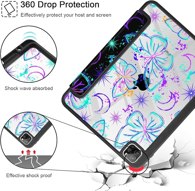 Mektron Case for iPad Pro 11 inch Case M2 2022 Generation 4th Fit 2021 2020 2018 iPad Pro 11 (3rd 2nd &amp 1st Gen) -Buit in Pencil Holder with Shockproof Cover Clear Shell Blue Bows &amp Flower