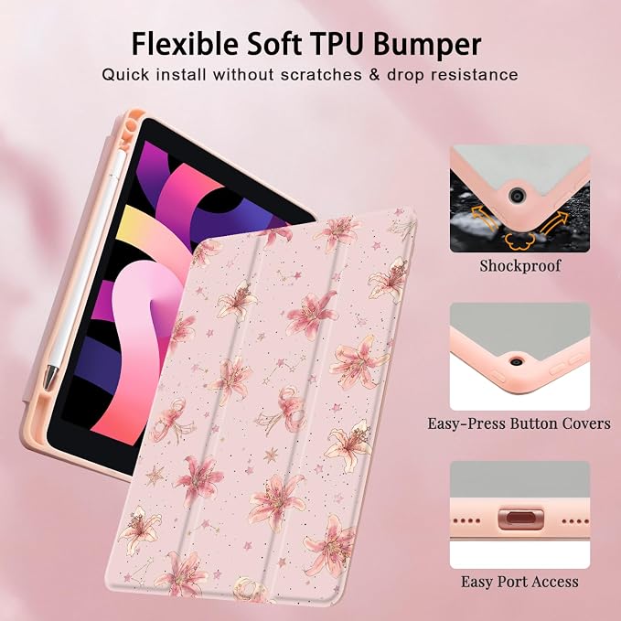 Joyland Brown Leopard Floral for iPad 6th/5th Generation 9.7 Inch 2018/2017Air 2/Air 1 CaseBuilt-in Pencil Holder with Shockproof Cover Transparent Back Shell Auto Wake/SleepBlack