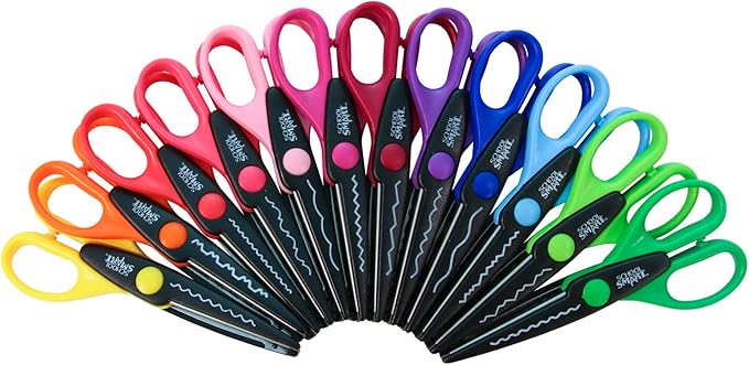 School Smart Paper Edger Scissors, 6-1/2 x 2-1/2 Inches, Assorted Colors, Set of 12