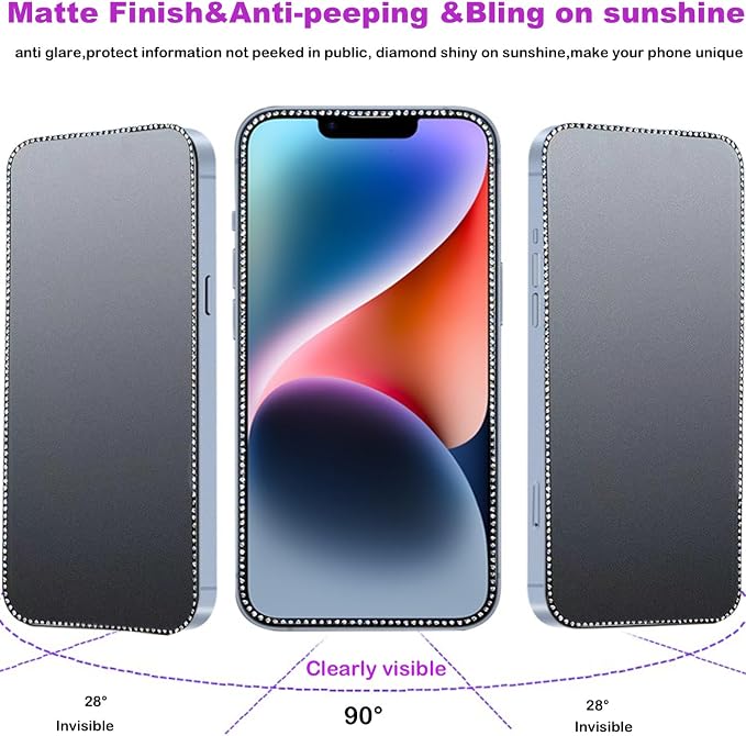 2PCS Glitter Privacy Matte Screen Protector Suit for iPhone 15 Pro Max Diamond Anti-Spy Bling Shiny Sparkling Tempered Glass Suit for iPhone 15 Pro Max 6.7Inch