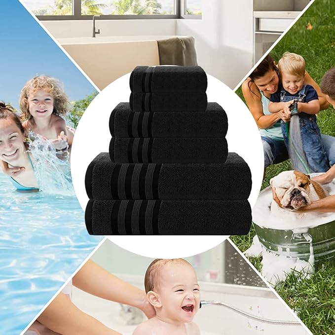 CASA COPENHAGEN Zero Twist, 6Pieces 100% Cotton Towel Set- Bright Black, 600 GSM, 2Bath, 2Hand, 2Washcloths Made from Egyptian Cotton, Ultra Soft Luxury Towels for Hotel Spa Kitchen Bathroom & Shower