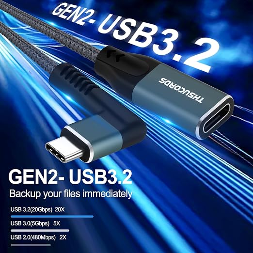 Thsucords 100W USB C Extension Cable 0.3FT 2Pack 10Gbps 90 Degree Right Angle USB C 3.2 Male to Female Extender Fast Charging Cord Compatible with MacBookiPad ProNintendo SwitchSteam Deck