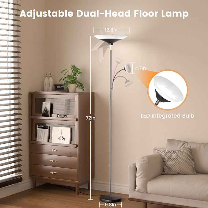 Upgraded 2-in-1 Torchiere Floor Lamp, Dimmable Standing Lamp with Remote&Touch Control, 34W Brightness Adjustable Floor Reading Light, Black Modern Corner Lamp for Living Room Bedroom Office